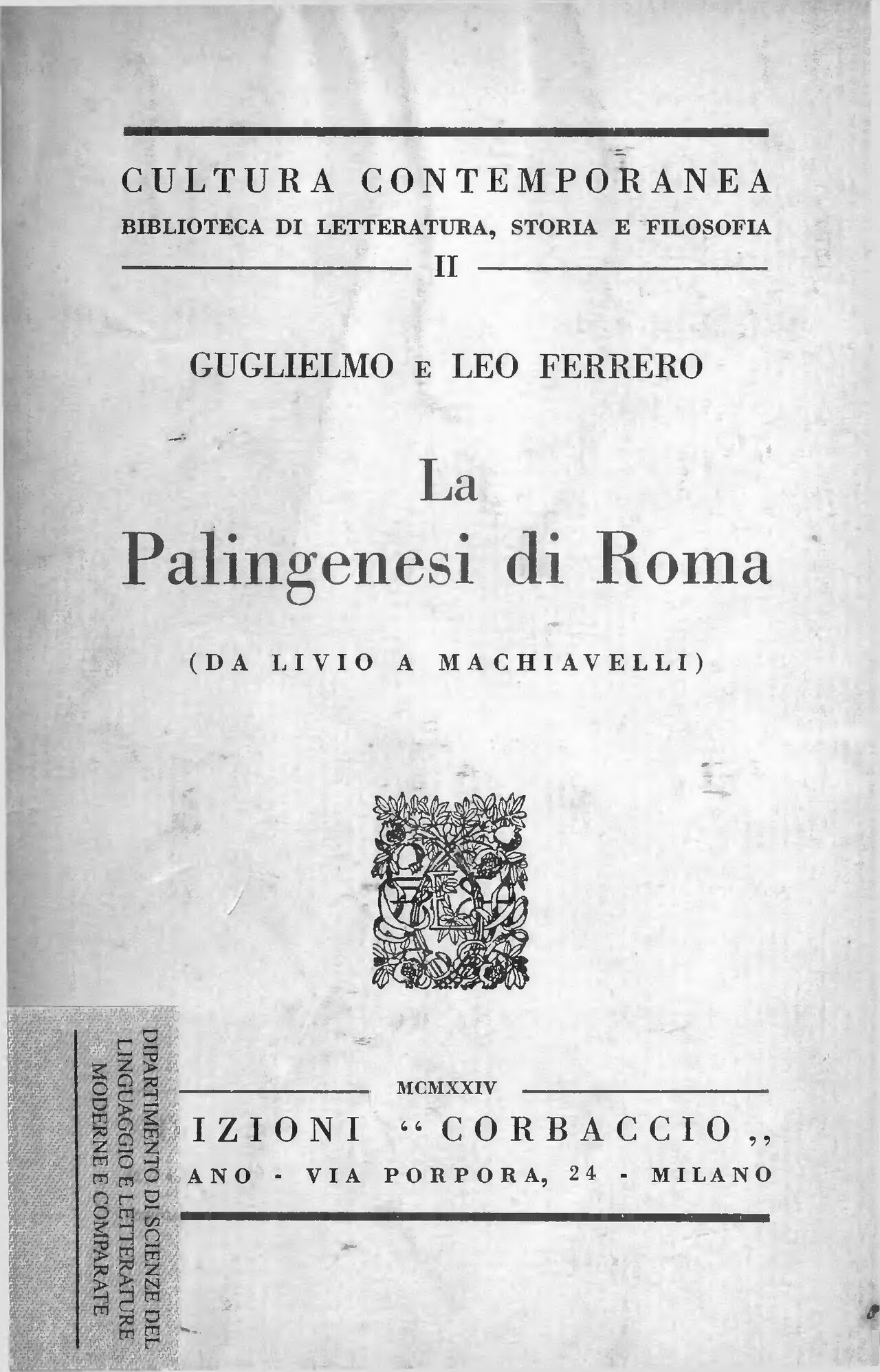 La Palingenesi di Roma di Guglielmo Ferrero, copertina del libro