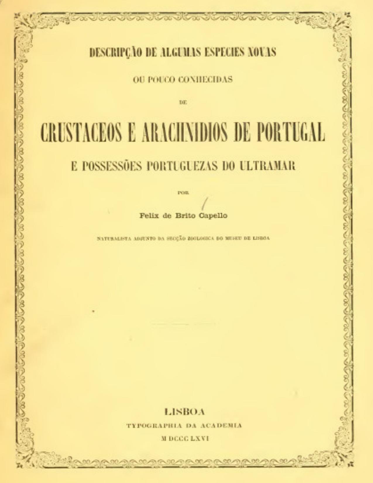 Capa do livro Descripção de algumas especies novas ou pouco conhecidas de crustaceos e arachnidios de Portugal e possessões portuguezas do ultramar, de Félix António de Brito Capello