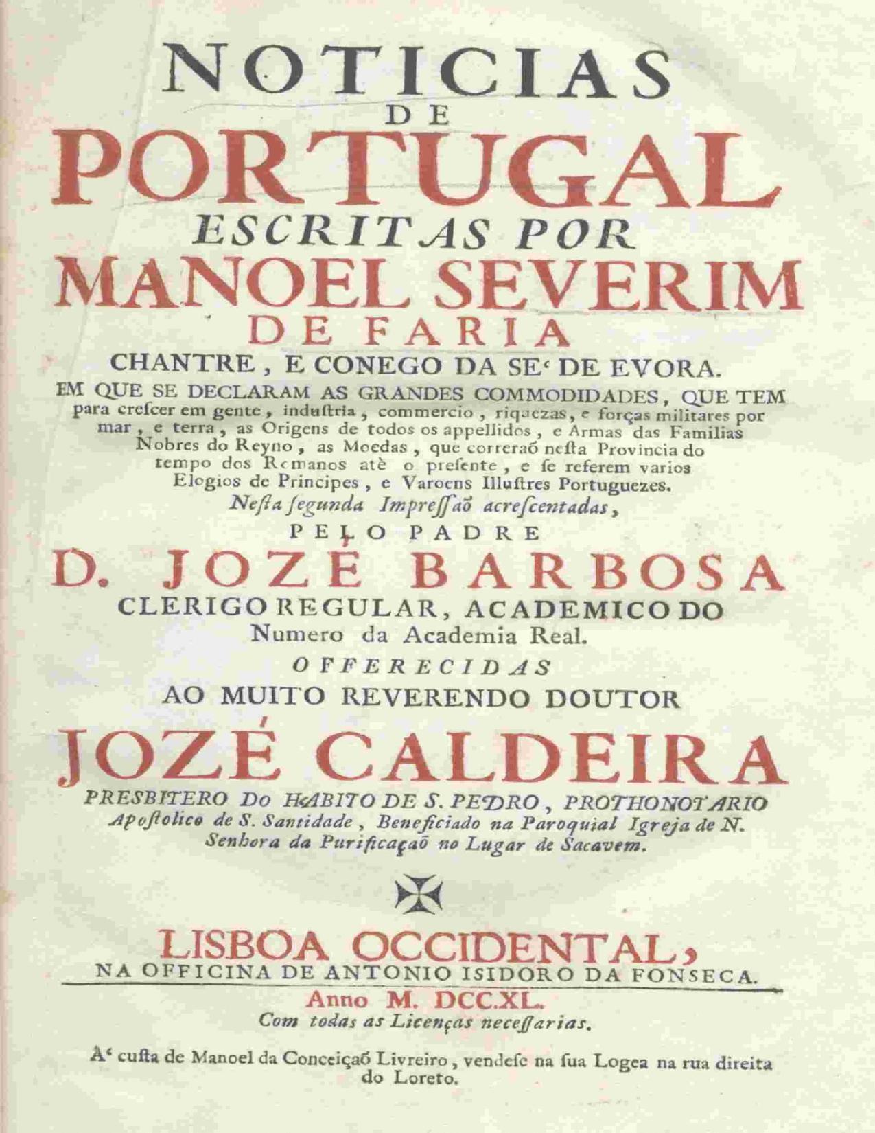 Capa do livro Noticias de Portugal, de Manoel Severim de Faria