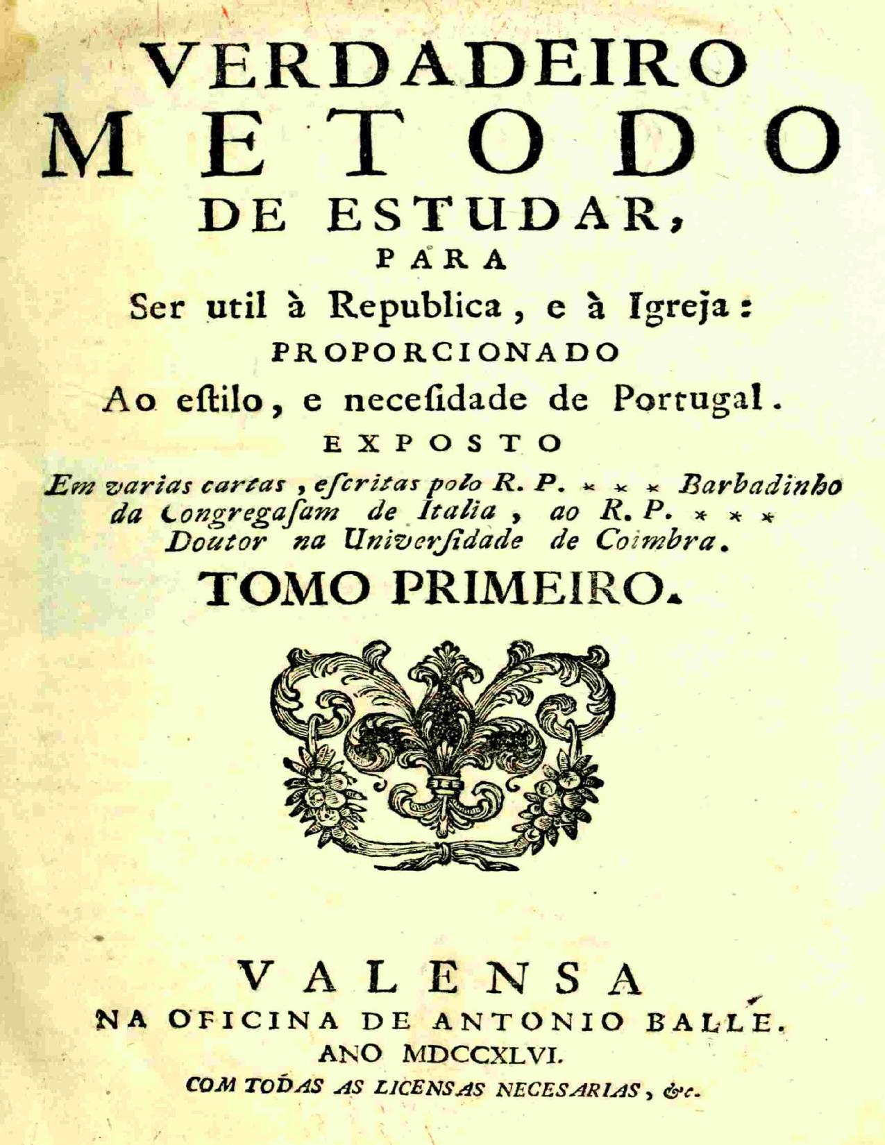 Capa do livro Verdadeiro metodo de estudar (Vol. I), de Luís António Verney